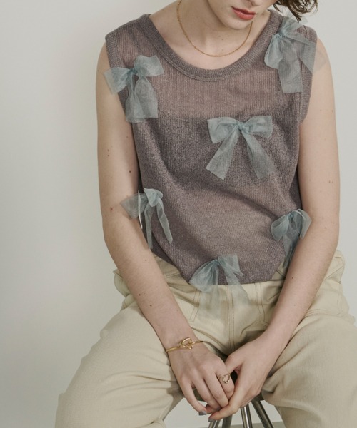 Unitage（ユニテージ）の「シアーリボンノースリトップス（Tシャツ/カットソー・レディース・ピンクベージュ/チャコールグレー/グレイッシュベージュ・FREE）」の6枚目の写真