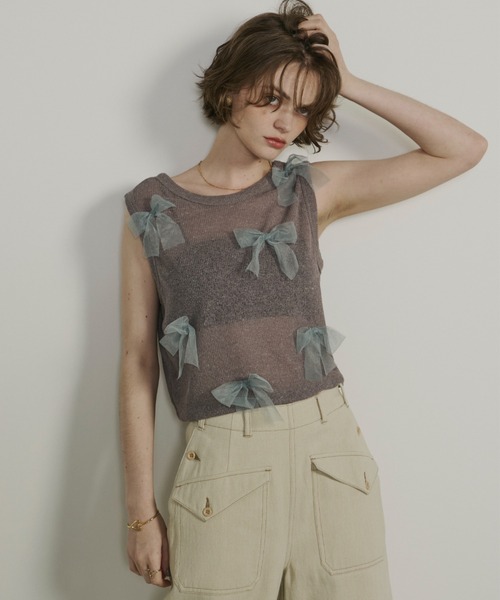 Unitage（ユニテージ）の「シアーリボンノースリトップス（Tシャツ/カットソー・レディース・ピンクベージュ/チャコールグレー/グレイッシュベージュ・FREE）」の8枚目の写真