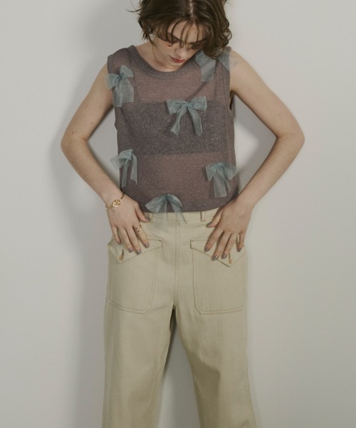 Unitage（ユニテージ）の「シアーリボンノースリトップス（Tシャツ/カットソー・レディース・ピンクベージュ/チャコールグレー/グレイッシュベージュ・FREE）」の9枚目の写真