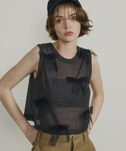 Unitage（ユニテージ）の「シアーリボンノースリトップス（Tシャツ/カットソー・レディース・ピンクベージュ/チャコールグレー/グレイッシュベージュ・FREE）」の13枚目の写真