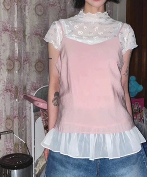 LYEON(リヨン)の「リボン柄チュールトップス/チュールショートプルオーバー(Tシャツ/カットソー・レディース・ブラック/ホワイト・FREE)」の19枚目の写真