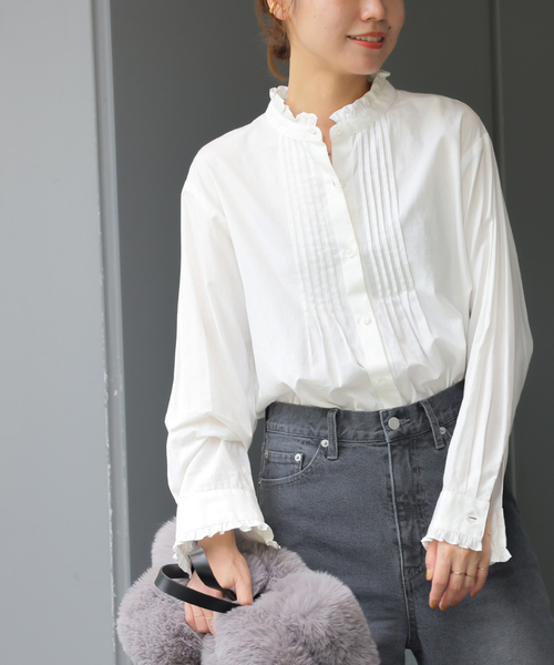 JOURNAL STANDARD relume（ジャーナルスタンダード　レリューム）の「《再入荷！》［24AW 新色追加］【洗濯機洗い可能】コットンブロードフリルブラウス（シャツ/ブラウス・レディース・ホワイト/ブルー系その他/ネイビー・FREE）」の2枚目の写真