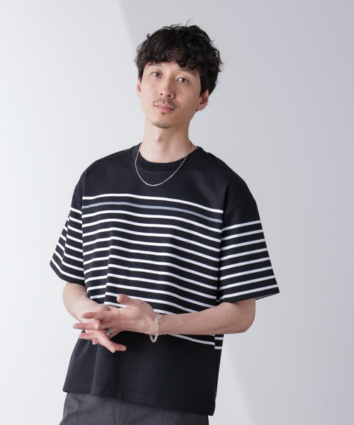 NANO universe(ナノユニバース)の「パネルボーダーリラックスTシャツ 半袖(Tシャツ/カットソー・メンズ・ホワイト/ブラック/ネイビー・S/M/L)」の9枚目の写真