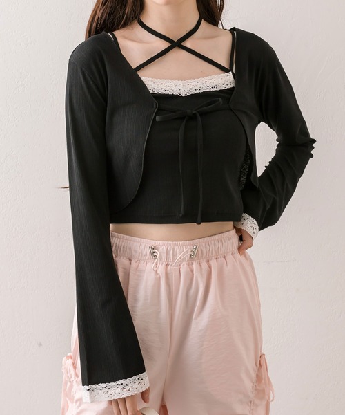 OLIVE des OLIVE（オリーブデオリーブ）の「ランダムテレコボレロアンサンブル（アンサンブル・レディース・ブラウン/ピンク/ブラック/オフホワイト・FREE）」の4枚目の写真