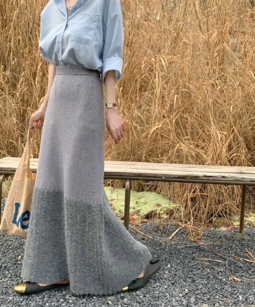 ECLIN(エクラン)の「異素材ドッキングニットAラインロングスカート(スカート・レディース・ベージュ/ブラック/グレー・L/M)」の3枚目の写真