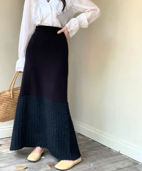 ECLIN(エクラン)の「異素材ドッキングニットAラインロングスカート(スカート・レディース・ベージュ/ブラック/グレー・L/M)」の7枚目の写真