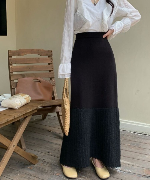 ECLIN(エクラン)の「異素材ドッキングニットAラインロングスカート(スカート・レディース・ベージュ/ブラック/グレー・L/M)」の11枚目の写真