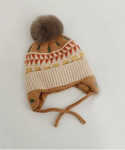 Bambin（ボンバン）の「【 Bambin / ボンバン 】 ノルディック柄 ポンポン付き フラップ ニットキャップ（ニットキャップ/ビーニー・キッズ・ライトブラウン/アイボリー/ベージュ/ブルー・FREE）」の2枚目の写真