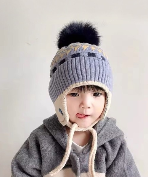 Bambin（ボンバン）の「【 Bambin / ボンバン 】 ノルディック柄 ポンポン付き フラップ ニットキャップ（ニットキャップ/ビーニー・キッズ・ライトブラウン/アイボリー/ベージュ/ブルー・FREE）」の7枚目の写真
