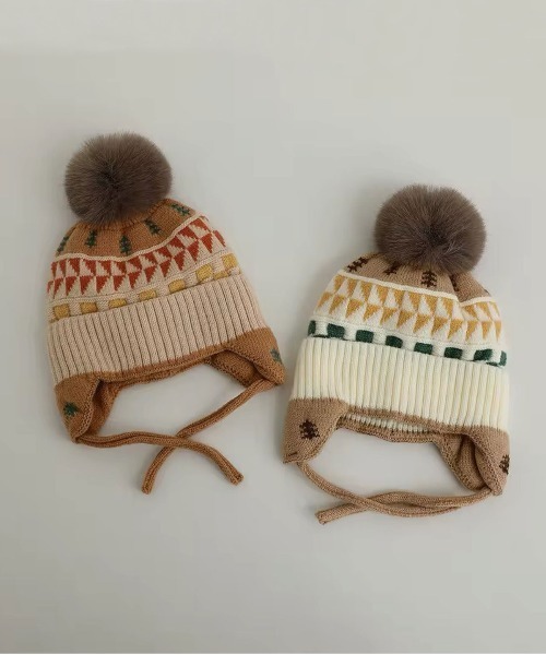 Bambin（ボンバン）の「【 Bambin / ボンバン 】 ノルディック柄 ポンポン付き フラップ ニットキャップ（ニットキャップ/ビーニー・キッズ・ライトブラウン/アイボリー/ベージュ/ブルー・FREE）」の8枚目の写真