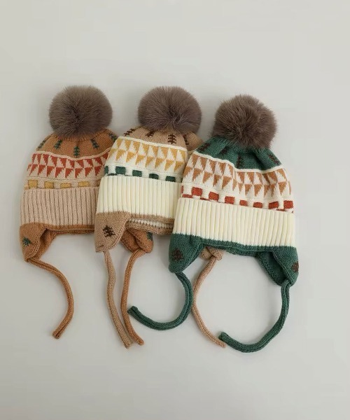 Bambin / ボンバン 】 ノルディック柄 ポンポン付き フラップ ニット