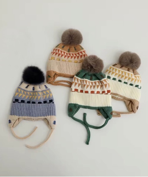 Bambin（ボンバン）の「【 Bambin / ボンバン 】 ノルディック柄 ポンポン付き フラップ ニットキャップ（ニットキャップ/ビーニー・キッズ・ライトブラウン/アイボリー/ベージュ/ブルー・FREE）」の12枚目の写真