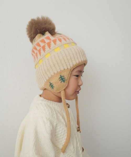 Bambin（ボンバン）の「【 Bambin / ボンバン 】 ノルディック柄 ポンポン付き フラップ ニットキャップ（ニットキャップ/ビーニー・キッズ・ライトブラウン/アイボリー/ベージュ/ブルー・FREE）」の14枚目の写真