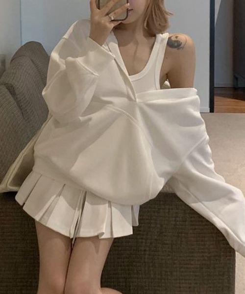 meJane（ミージェーン）の「オーバースウェットフーディー×プリーツミニスカート×タンクトップ ３点セットアップ（セットアップ・レディース・ホワイト/グレー・M/L）」の6枚目の写真