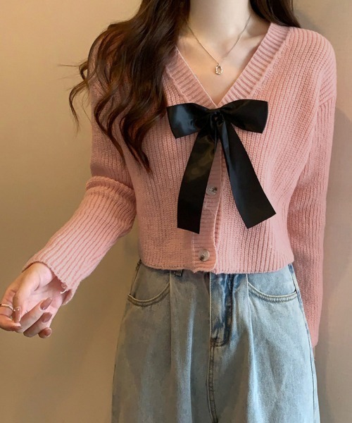 Miniministore(ミニミニストア)の「ニットカーディガン リボン付 秋冬羽織り(カーディガン/ボレロ・レディース・ピンク/ブラック/ダークグレー/ライトベージュ・FREE)」の4枚目の写真