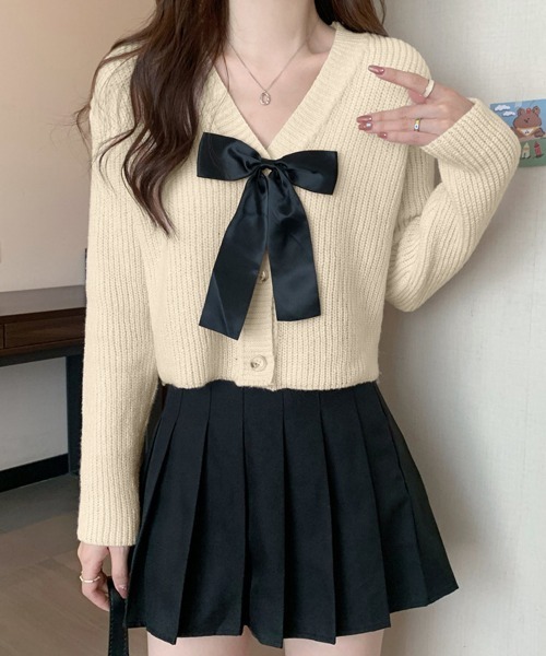 Miniministore(ミニミニストア)の「ニットカーディガン リボン付 秋冬羽織り(カーディガン/ボレロ・レディース・ピンク/ブラック/ダークグレー/ライトベージュ・FREE)」の3枚目の写真