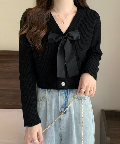 Miniministore(ミニミニストア)の「ニットカーディガン リボン付 秋冬羽織り(カーディガン/ボレロ・レディース・ピンク/ブラック/ダークグレー/ライトベージュ・FREE)」の1枚目の写真