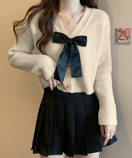 Miniministore(ミニミニストア)の「ニットカーディガン リボン付 秋冬羽織り(カーディガン/ボレロ・レディース・ピンク/ブラック/ダークグレー/ライトベージュ・FREE)」の7枚目の写真