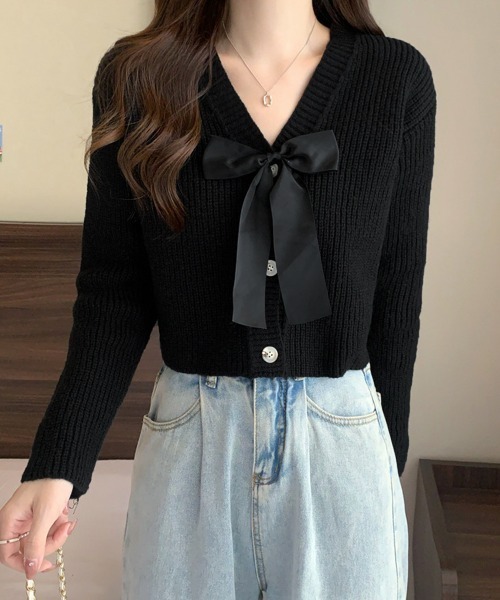 Miniministore(ミニミニストア)の「ニットカーディガン リボン付 秋冬羽織り(カーディガン/ボレロ・レディース・ピンク/ブラック/ダークグレー/ライトベージュ・FREE)」の9枚目の写真
