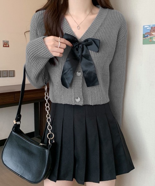 Miniministore(ミニミニストア)の「ニットカーディガン リボン付 秋冬羽織り(カーディガン/ボレロ・レディース・ピンク/ブラック/ダークグレー/ライトベージュ・FREE)」の12枚目の写真