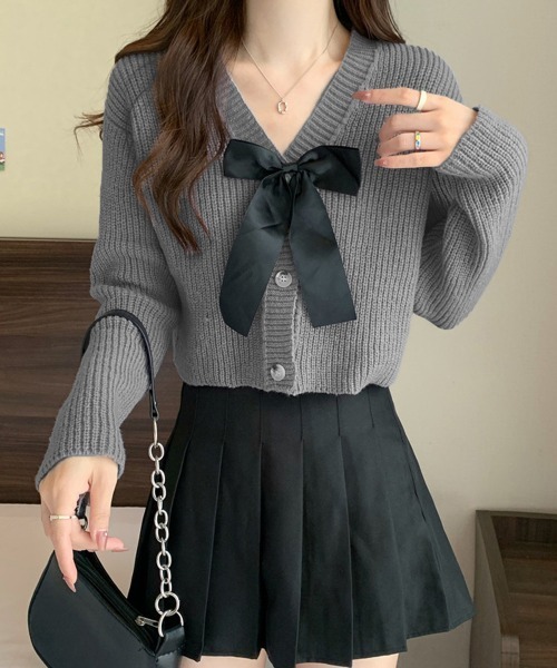 Miniministore(ミニミニストア)の「ニットカーディガン リボン付 秋冬羽織り(カーディガン/ボレロ・レディース・ピンク/ブラック/ダークグレー/ライトベージュ・FREE)」の13枚目の写真