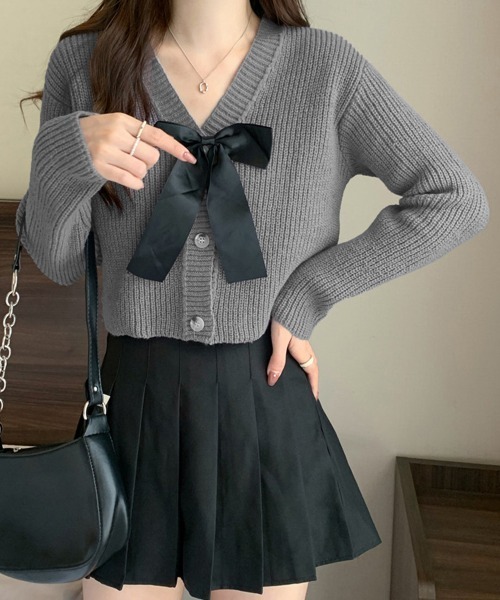 Miniministore(ミニミニストア)の「ニットカーディガン リボン付 秋冬羽織り(カーディガン/ボレロ・レディース・ピンク/ブラック/ダークグレー/ライトベージュ・FREE)」の14枚目の写真
