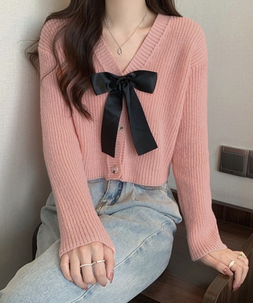 Miniministore(ミニミニストア)の「ニットカーディガン リボン付 秋冬羽織り(カーディガン/ボレロ・レディース・ピンク/ブラック/ダークグレー/ライトベージュ・FREE)」の15枚目の写真