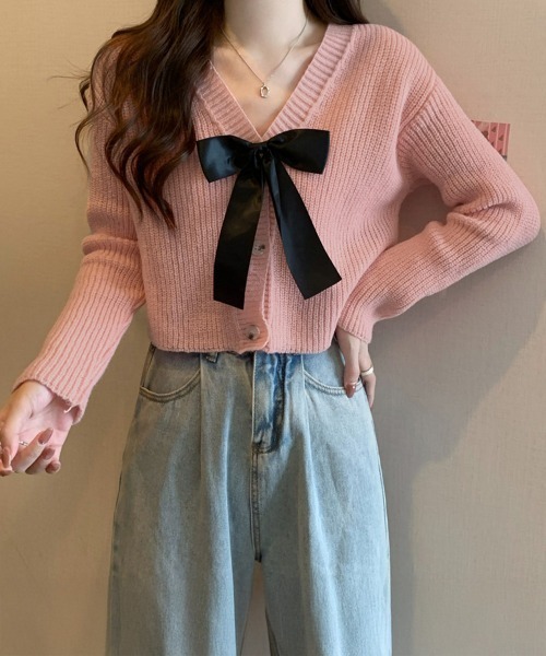 Miniministore(ミニミニストア)の「ニットカーディガン リボン付 秋冬羽織り(カーディガン/ボレロ・レディース・ピンク/ブラック/ダークグレー/ライトベージュ・FREE)」の16枚目の写真