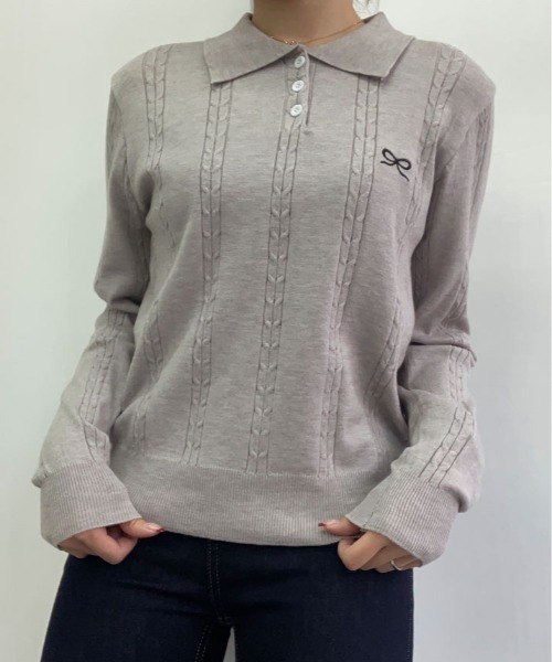 kirakiraShop（キラキラショップ）の「リボン 刺繍 ポロ ネック ニット（ニット/セーター・レディース・ブラック/ベージュ/グレー/ブルー・FREE）」の12枚目の写真