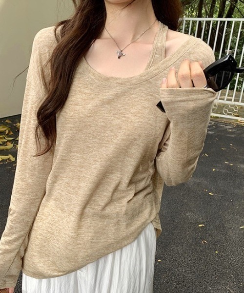 セール】レイヤード シアー トップス Tシャツ 長袖 【タンクトップ付 2