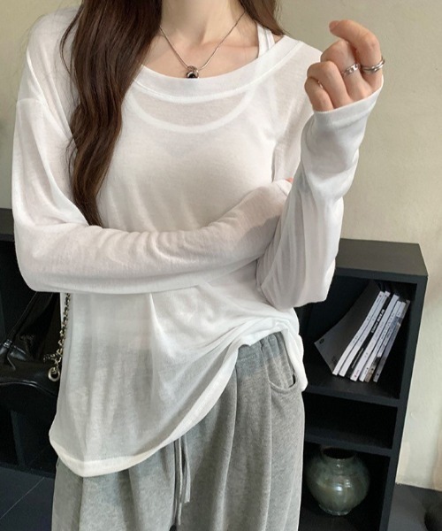 セール】レイヤード シアー トップス Tシャツ 長袖 【タンクトップ付 2