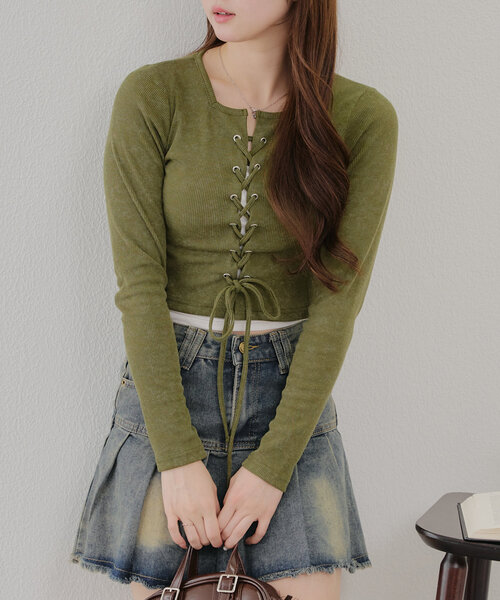 Another Branch olive des olive（アナザーブランチオリーブデオリーブ）の「【WEB限定】ピグメント風レースアップトップス（Tシャツ/カットソー・レディース・カーキ/ネイビー/チャコールグレー・FREE）」の4枚目の写真