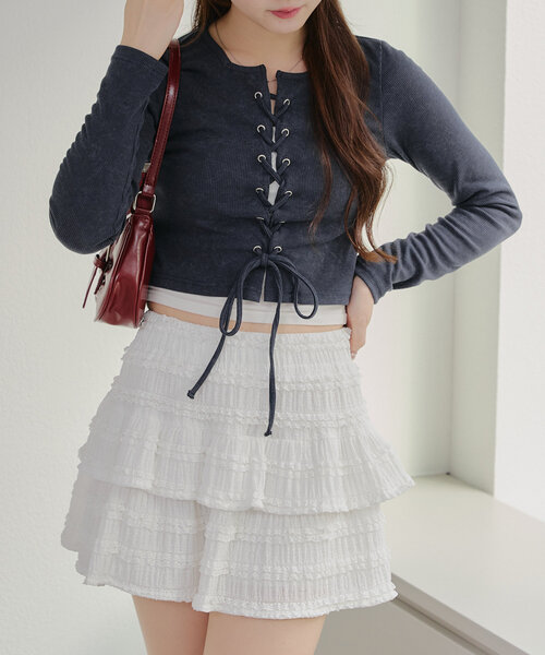 Another Branch olive des olive（アナザーブランチオリーブデオリーブ）の「【WEB限定】ピグメント風レースアップトップス（Tシャツ/カットソー・レディース・カーキ/ネイビー/チャコールグレー・FREE）」の3枚目の写真