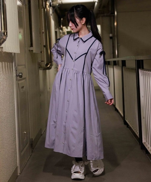 axes femme POETIQUE(アクシーズファムポエティック)の「ラインデザインシャツワンピース(ワンピース・レディース・ネイビー/グレー/ブラック・MEDIUM)」の7枚目の写真