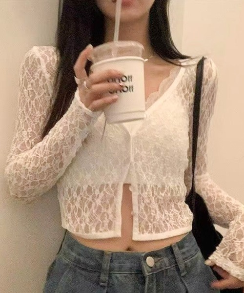 SpRay(スプレイ)の「レースクロップドカーディガン(カーディガン/ボレロ・レディース・ブラック/ホワイト・FREE)」の8枚目の写真