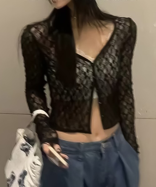 SpRay(スプレイ)の「レースクロップドカーディガン(カーディガン/ボレロ・レディース・ブラック/ホワイト・FREE)」の7枚目の写真