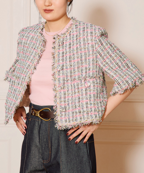 美品【IENA LA BOUCLE】LINTON コックジャケット イエナラブークル LINTON ツイード コックジャケット 22SS 白 F