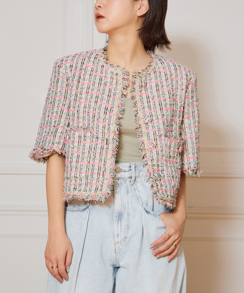 IENA LA BOUCLE(イエナラブークル)の「IENA LA BOUCLE LINTON TWEED ハーフスリーブジャケット(その他アウター・レディース・ピンク系その他・FREE)」の5枚目の写真