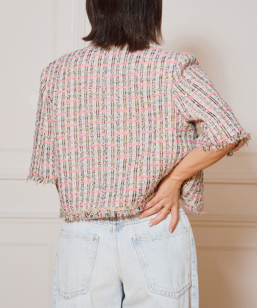 【美品】IENA　LINEN Tweed ジャケット IENA LA BOUCLE LINTON TWEED ハーフスリーブジャケット（その他