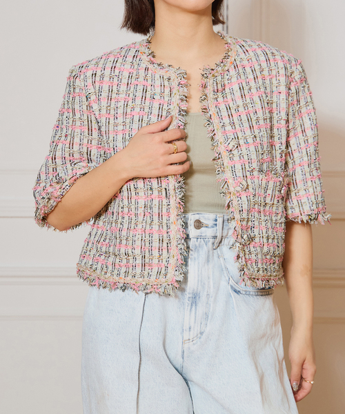 IENA LA BOUCLE(イエナラブークル)の「IENA LA BOUCLE LINTON TWEED ハーフスリーブジャケット(その他アウター・レディース・ピンク系その他・FREE)」の9枚目の写真