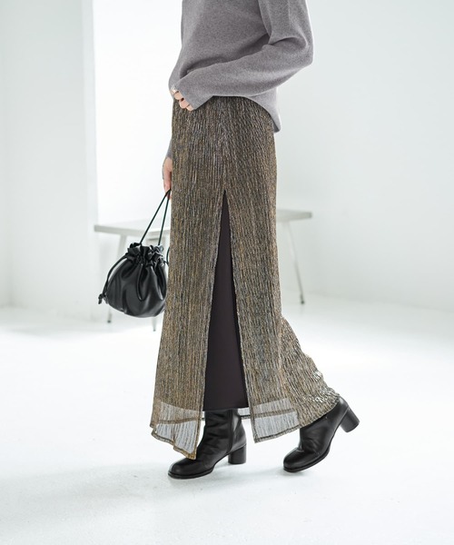 STYLE DELI(スタイルデリ)の「【LUXE】キラキラシアーとリブ生地のスカートセット(スカート・レディース・チャコールグレー/ブラウン系その他・1/2)」の4枚目の写真