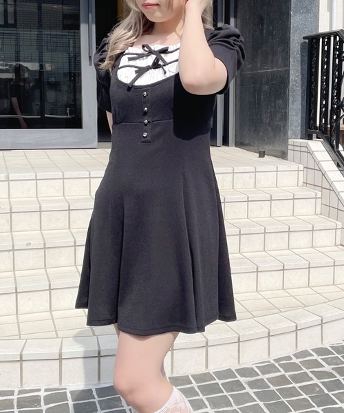 pium♡ダブルリボンレイヤードフレアワンピース　グレー ダブルリボンレイヤードフレアワンピース – pium