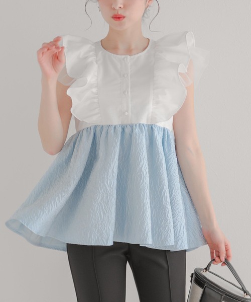 Fit more(フィットモア)の「チュールフリルジャガードドッキングトップス(その他トップス・レディース・ブルー/ベビーピンク/ブラック・FREE)」の9枚目の写真