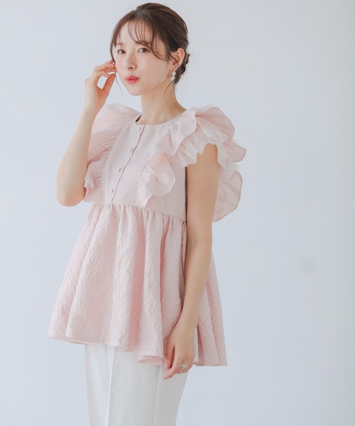 Fit more(フィットモア)の「チュールフリルジャガードドッキングトップス(その他トップス・レディース・ブルー/ベビーピンク/ブラック・FREE)」の4枚目の写真