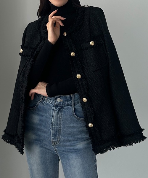 セール】ウエストシェイプラメツイードジャケット（ノーカラー