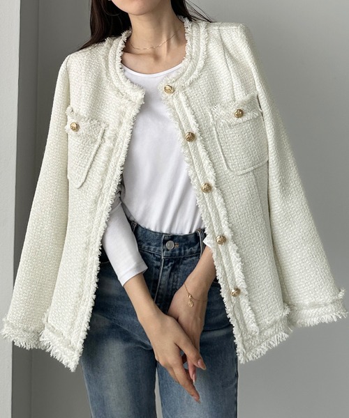 セール】ウエストシェイプラメツイードジャケット（ノーカラー