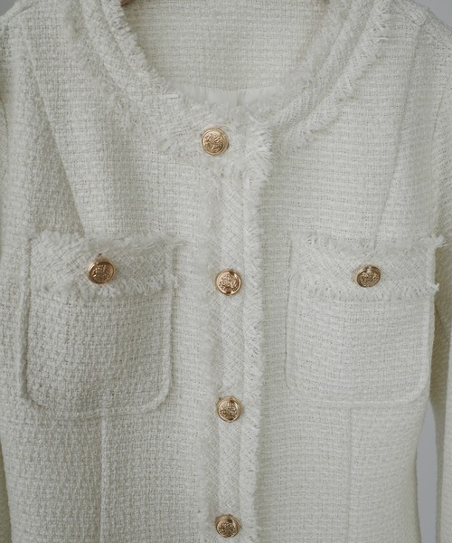 セール】ウエストシェイプラメツイードジャケット（ノーカラー