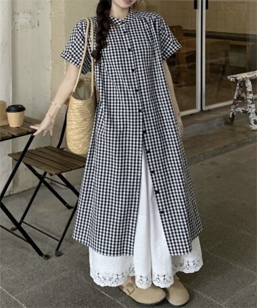 Dream garden(ドリームガーデン)の「ギンガムチェックシャツワンピース(シャツワンピース・レディース・ブラック・M/L/2XL/XL)」の1枚目の写真