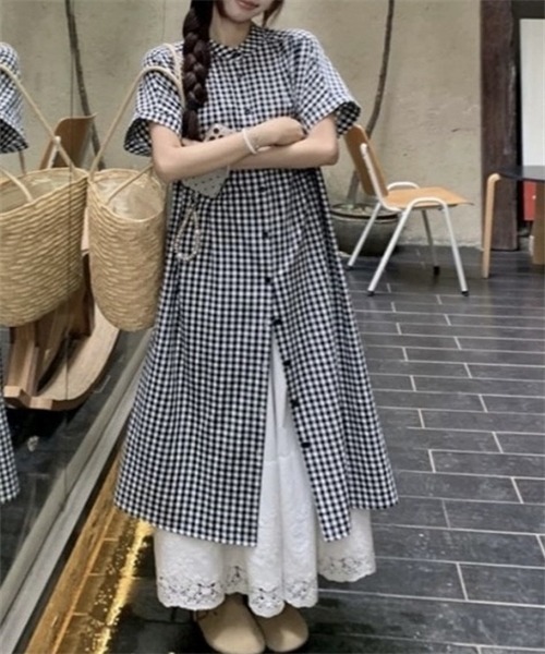 Dream garden(ドリームガーデン)の「ギンガムチェックシャツワンピース(シャツワンピース・レディース・ブラック・M/L/2XL/XL)」の3枚目の写真