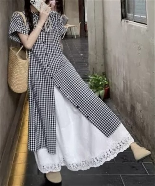 Dream garden(ドリームガーデン)の「ギンガムチェックシャツワンピース(シャツワンピース・レディース・ブラック・M/L/2XL/XL)」の6枚目の写真